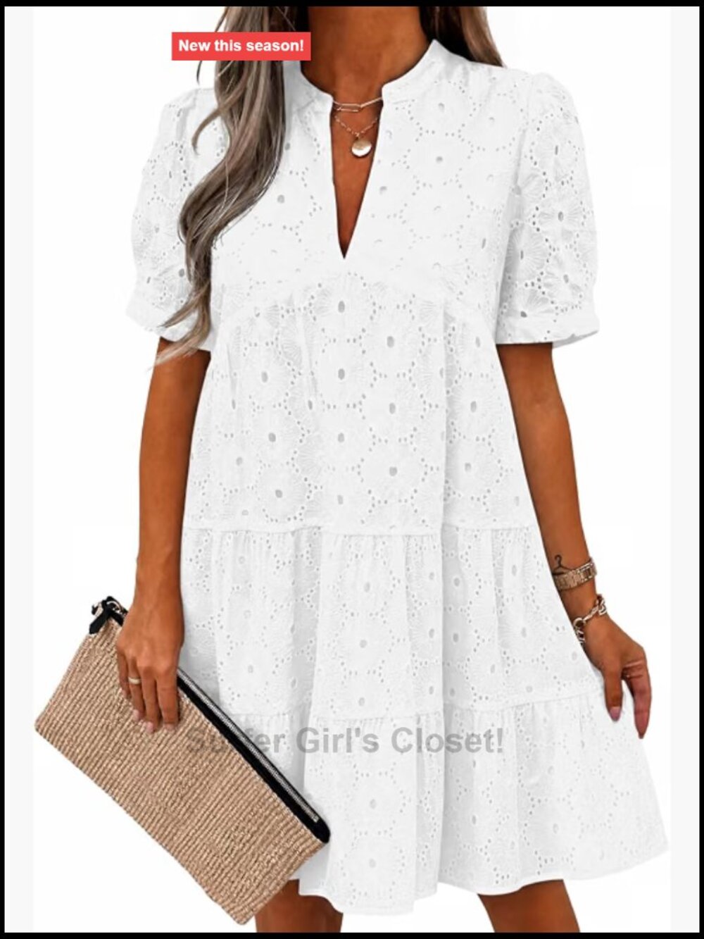 Women's Summer Eyelet Dress Cotton V-Neck Short Sleeve Flowy Babydoll Mini